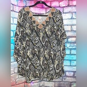 Geometric Print Women's Top W/ Wooden Bead Adornments 2X
